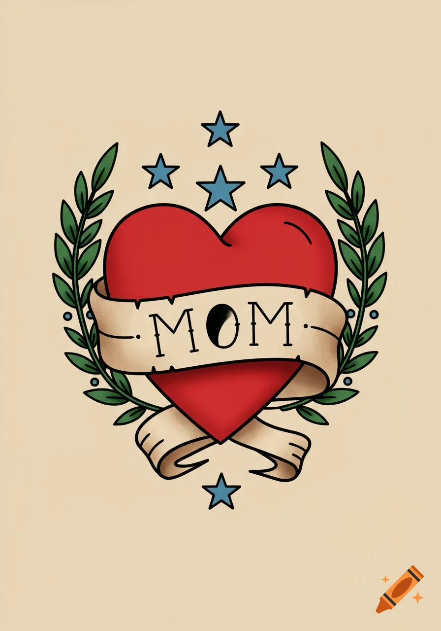 Traditional American tattoo art of a red heart with a 'MOM' banner, surrounded by a laurel wreath and stars.