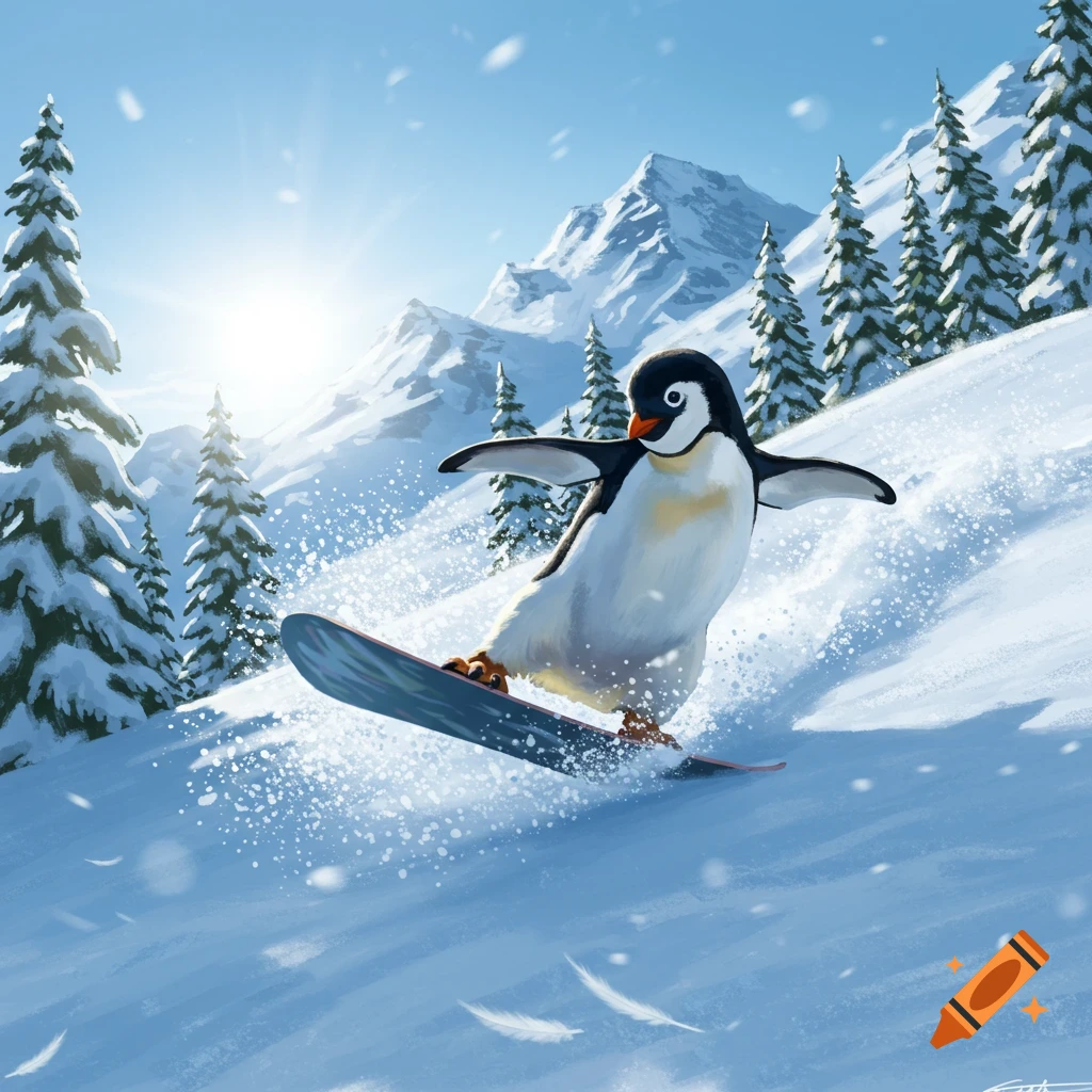 A cute penguin snowboarder glides down a sunny, snow-covered mountain slope, surrounded by pine trees.