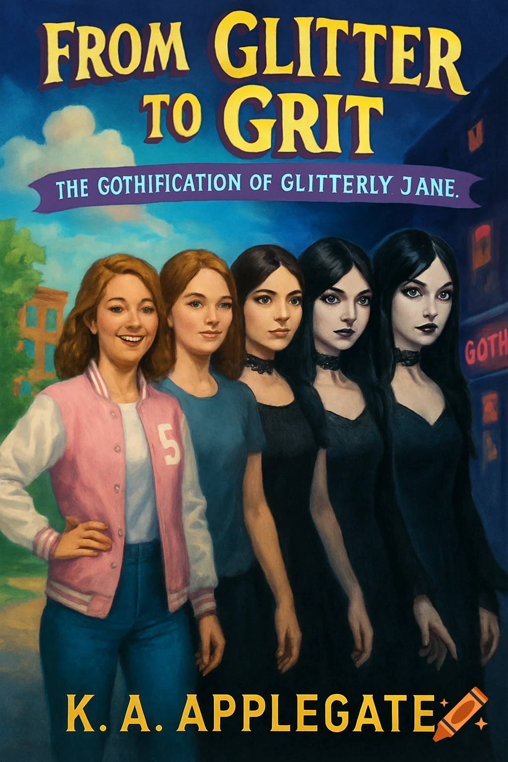 Book cover depicting five young women transforming from preppy to goth, titled 'From Glitter to Grit' by K.A. Applegate.