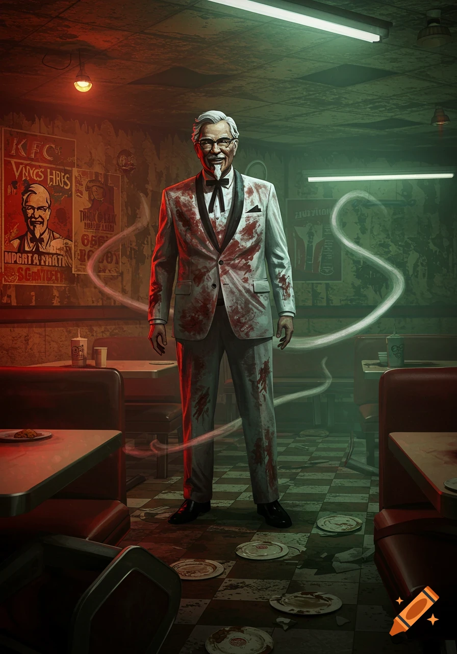 Colonel Sanders in a blood-splattered white suit stands in a dark, messy KFC restaurant, appearing like a horror movie character.