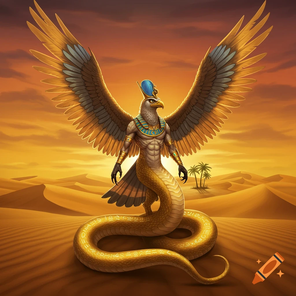 A majestic winged, falcon-headed creature with a human torso and golden snake body stands in a vast desert landscape at sunset.