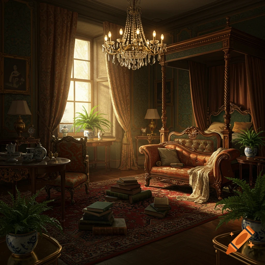 A richly decorated Victorian bedroom with a four-poster bed, ornate furniture, a crystal chandelier, and books scattered on a rug, bathed in sunlight from a tall window.