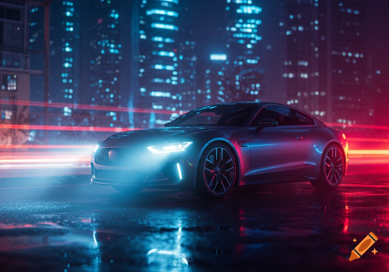 A sleek car with bright blue headlights on a wet city street at night, illuminated by neon red and blue lights from surrounding buildings, in a futuristic photorealistic style.