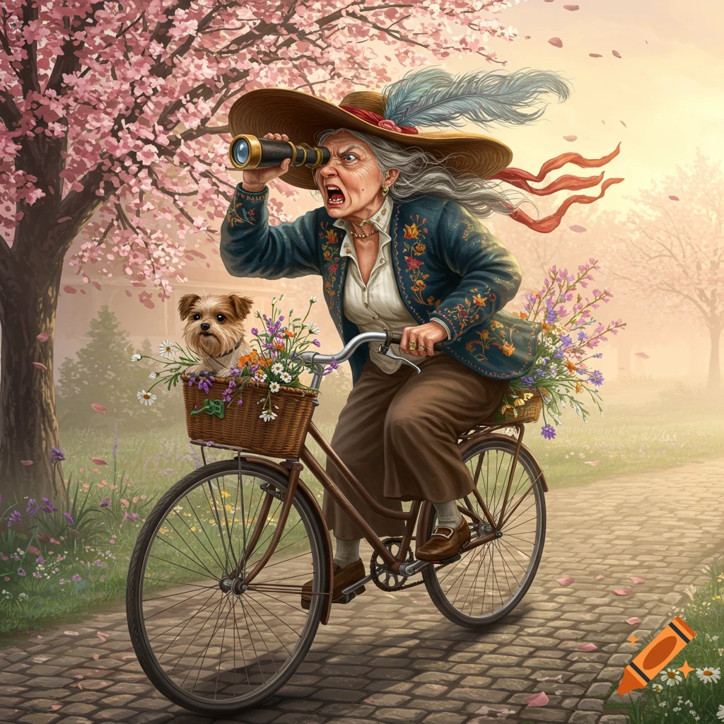 An angry old lady on a bicycle looks through a telescope, with a dog and flowers in baskets, on a path lined with cherry blossom trees.