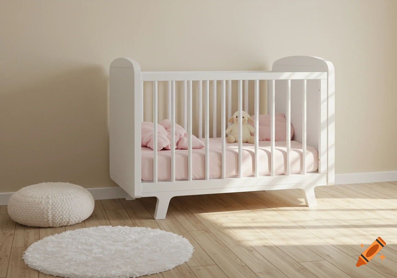 A photorealistic infant room with a white crib, pink bedding, and a sheep toy. Features beige walls, light wood floors, a white rug, and a knitted cushion.