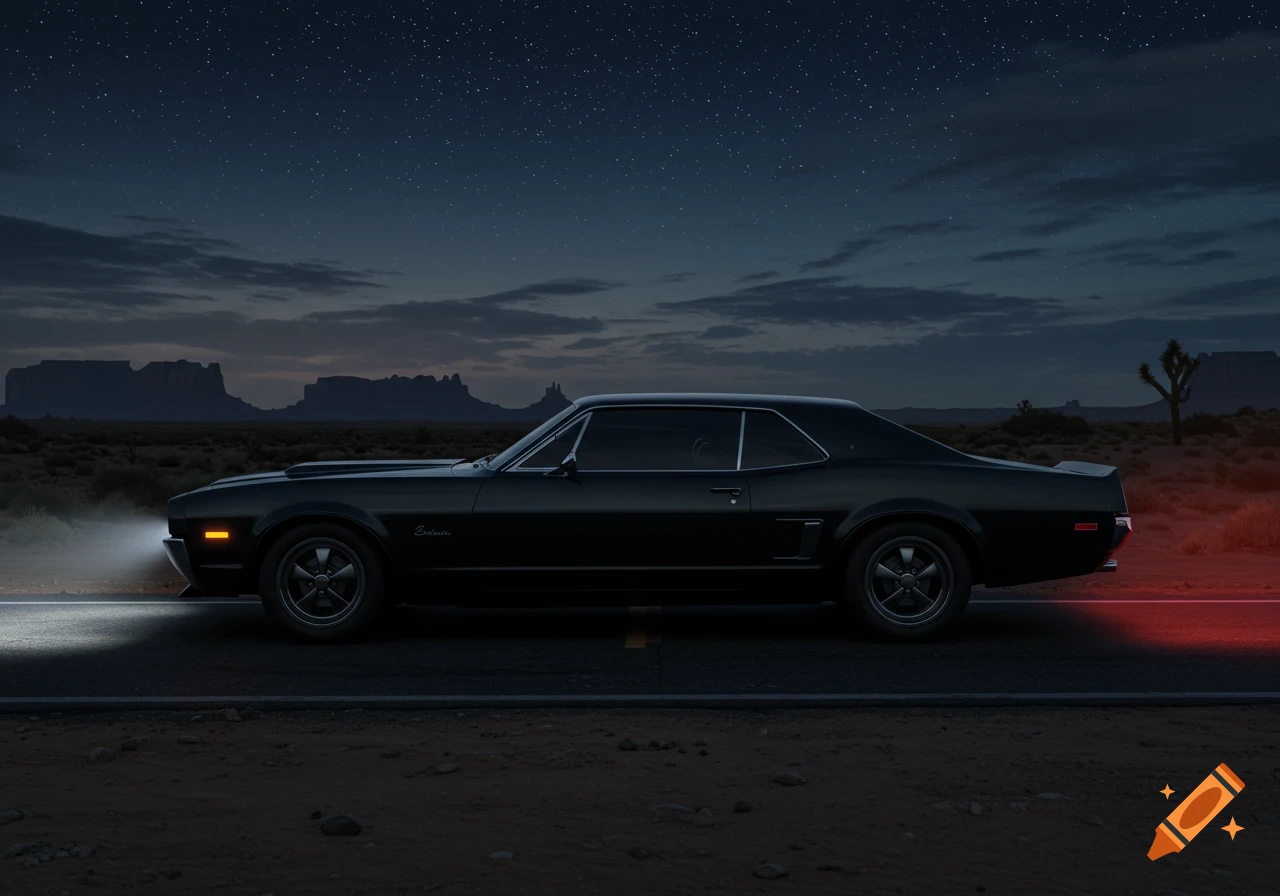 A black vintage car with headlights on, parked on a desert road at night under a starry sky with distant mountains.