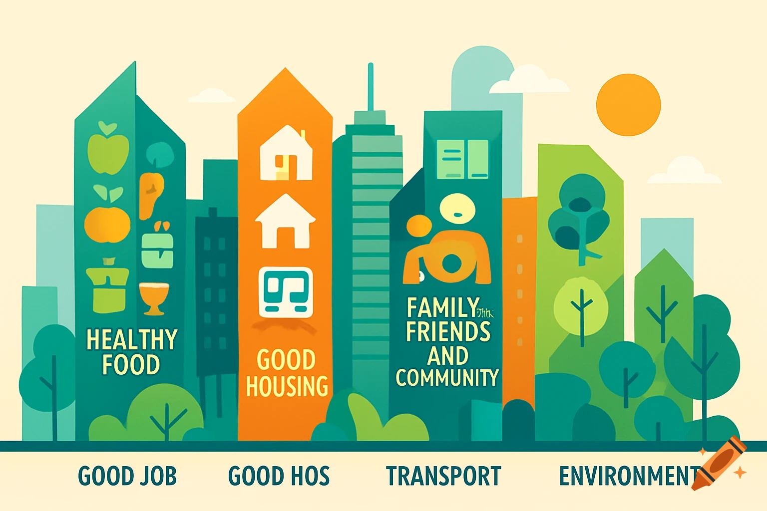 An illustration of a city skyline with buildings representing various life elements like healthy food, housing, family, transport, and environment.