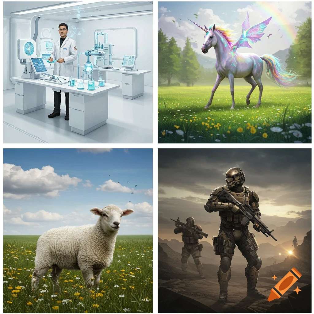 Four quadrants showing a scientist in a lab, a unicorn in a field, a lamb in a field, and two mercenary soldiers.