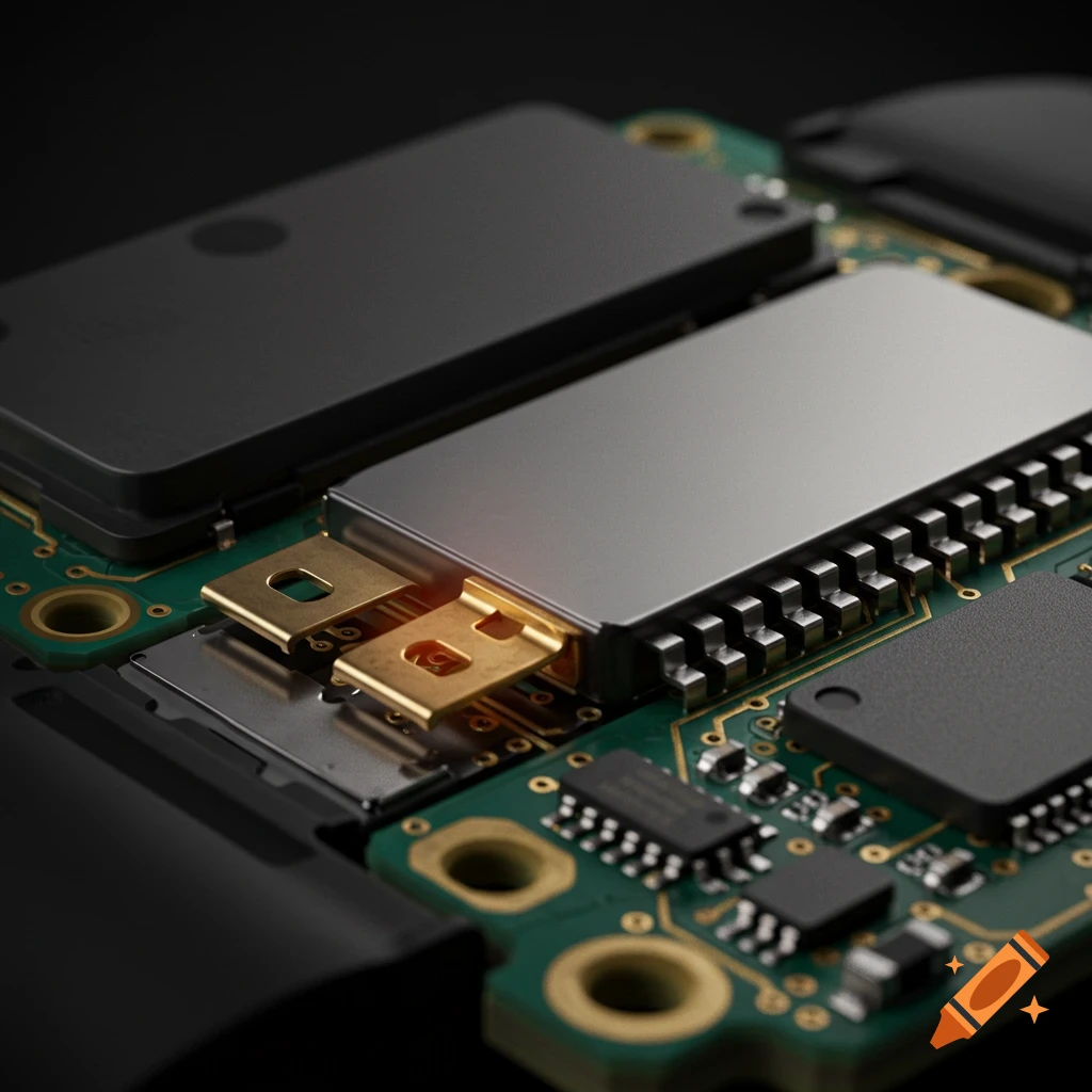 A high-resolution close-up of a circuit board inside a smartwatch, showing various electronic components and connections.