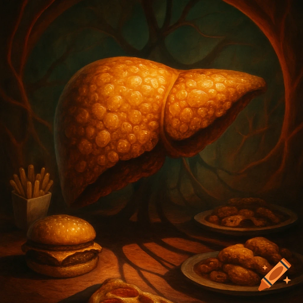 A large, textured fatty liver hovers above a table laden with fast food like burgers, fries, and fried chicken, in a dark, organic setting.