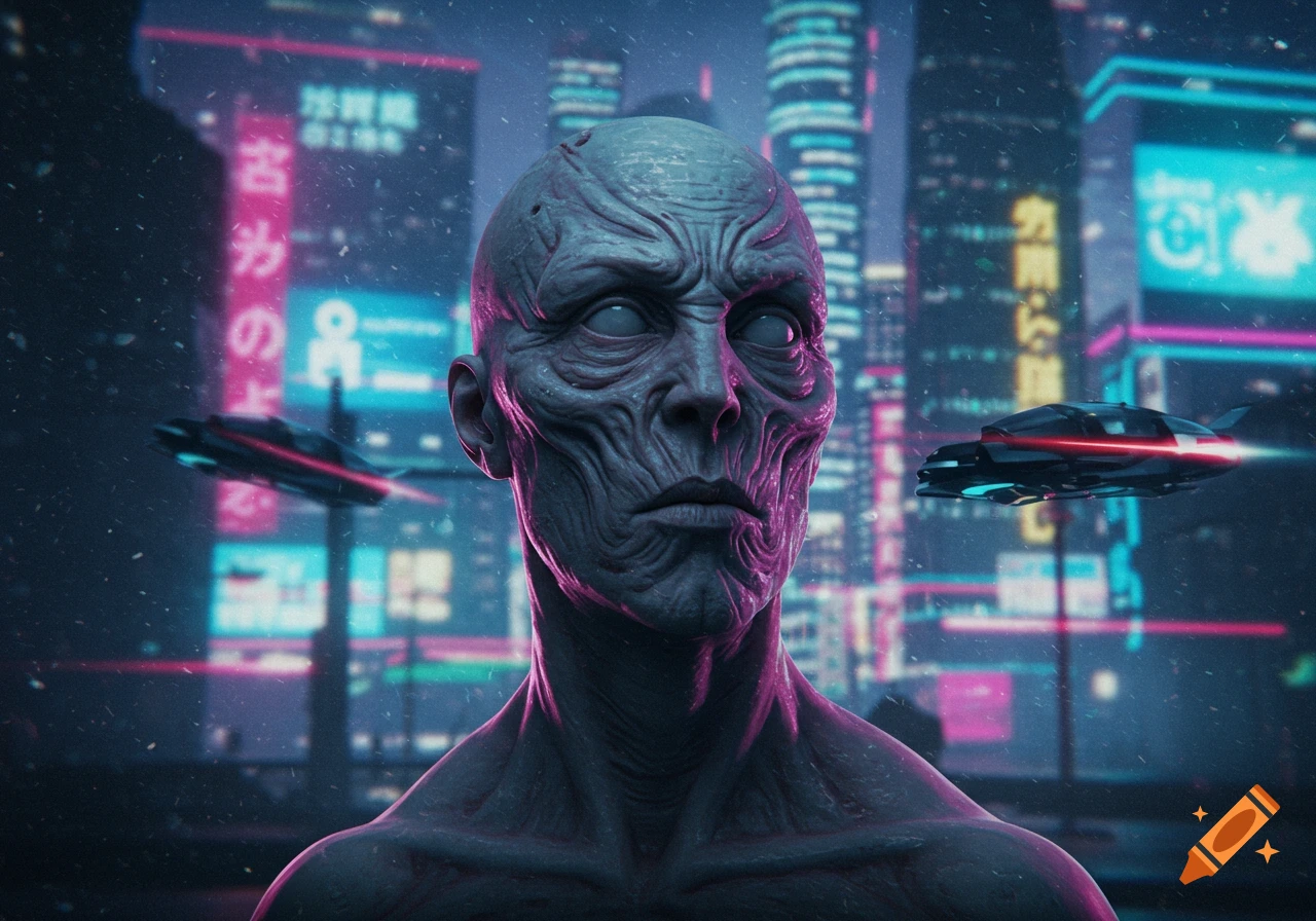 Close-up of a grey, wrinkled alien face with white eyes in a neon-lit cyberpunk city with flying vehicles.