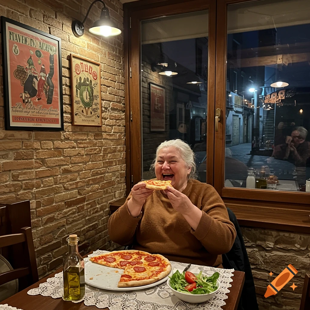 An older woman with white hair laughs happily while eating a slice of pizza in a cozy restaurant at night.