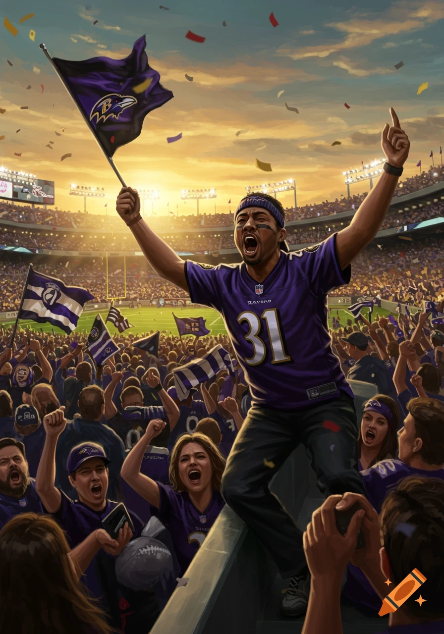 A jubilant Baltimore Ravens fan holds a team flag and cheers loudly in a packed stadium at sunset, surrounded by other cheering fans.