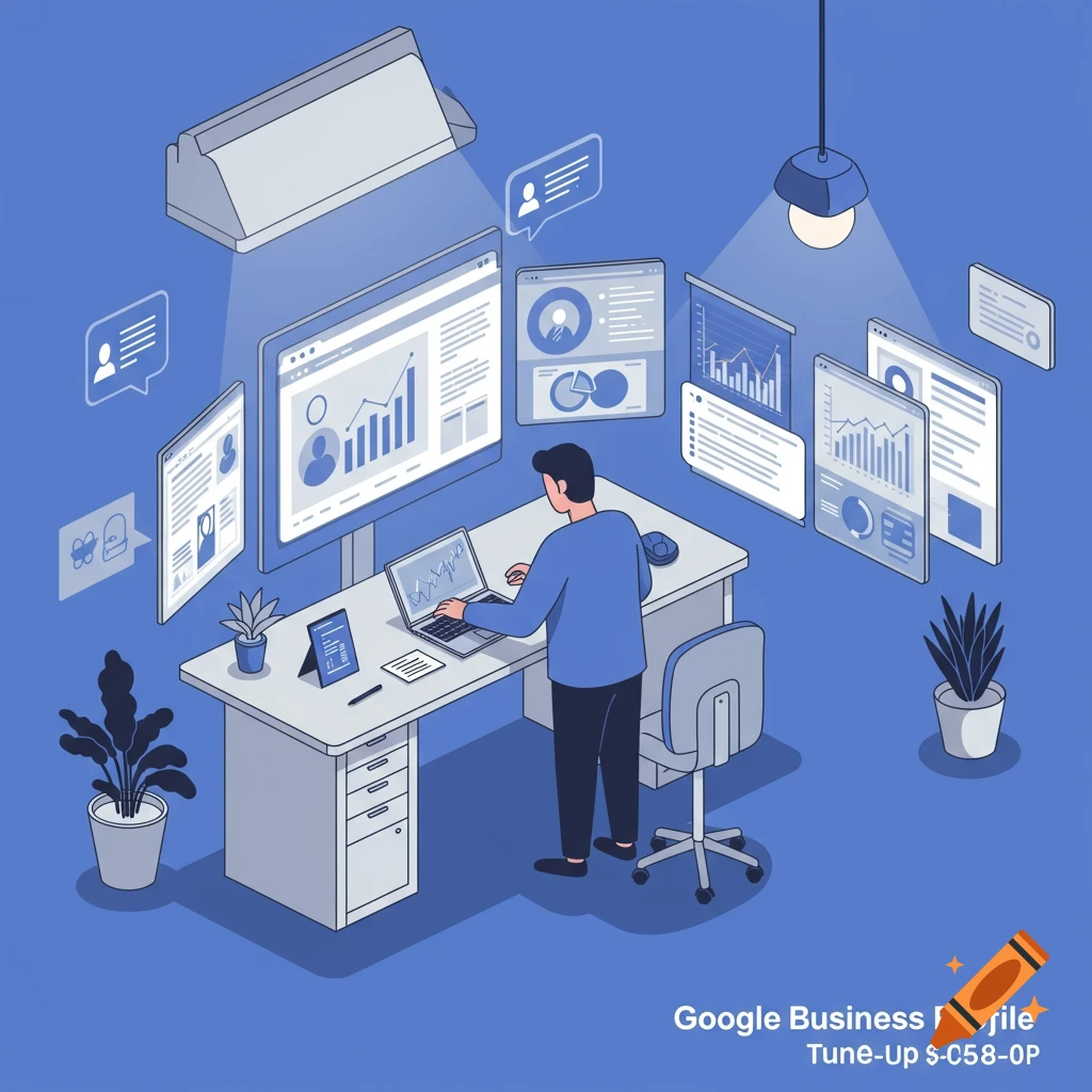 An isometric illustration of a person working at a desk with a laptop and multiple screens displaying business data and charts.
