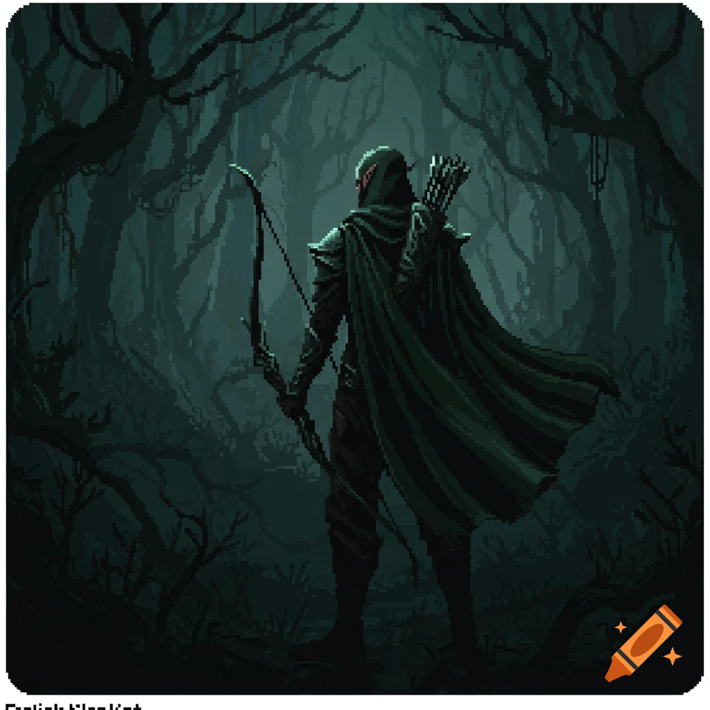 Pixel art of an elf archer in dark armor and cloak, standing with a bow in a dark, misty forest.