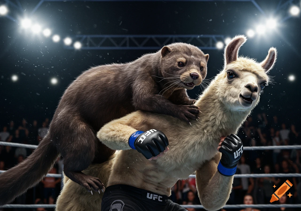 A brown mink performs a guillotine choke on a cream-colored llama wearing black UFC gloves in a brightly lit boxing ring. Photorealistic style.