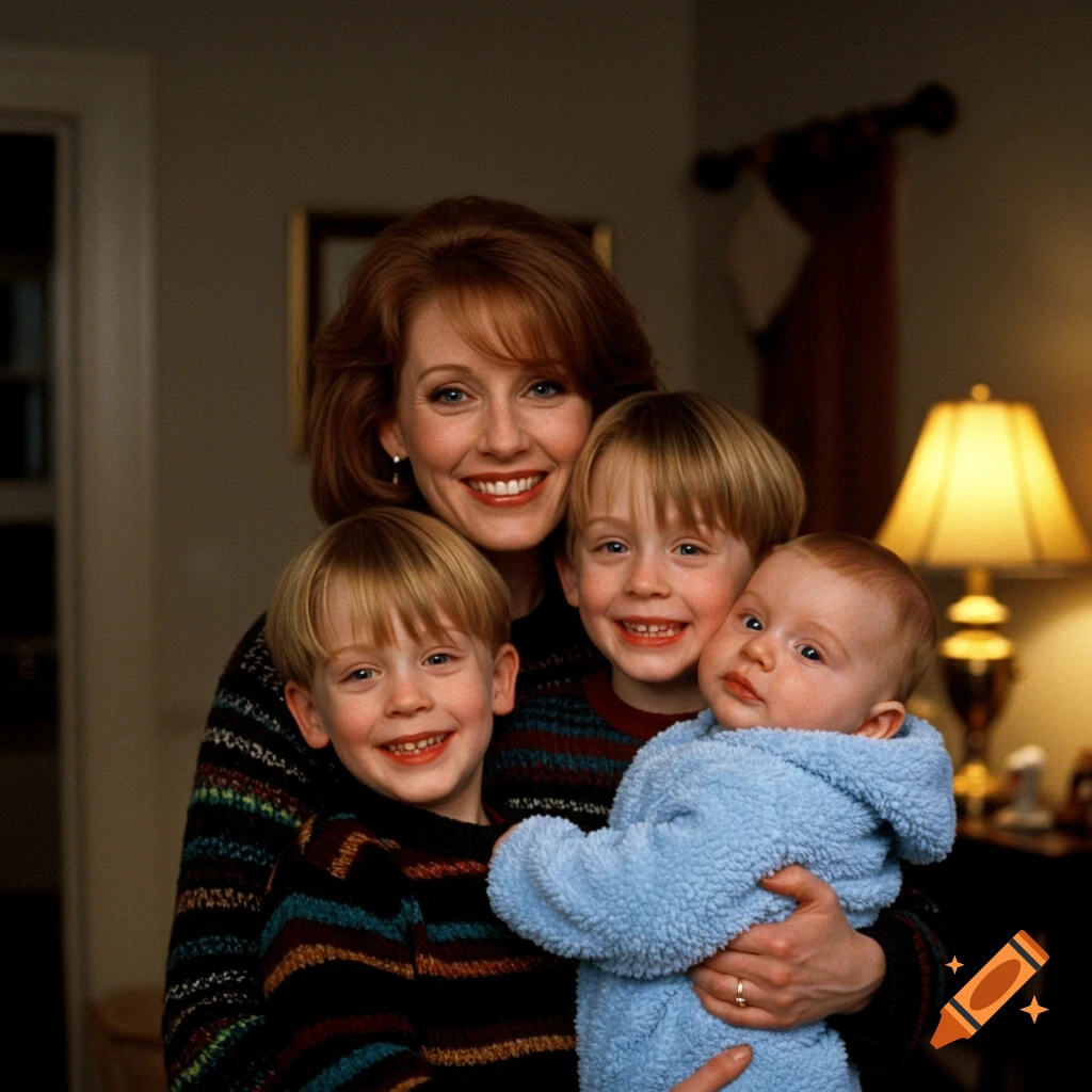 A woman holds a baby while two young boys stand beside her, all smiling in a warm family portrait.