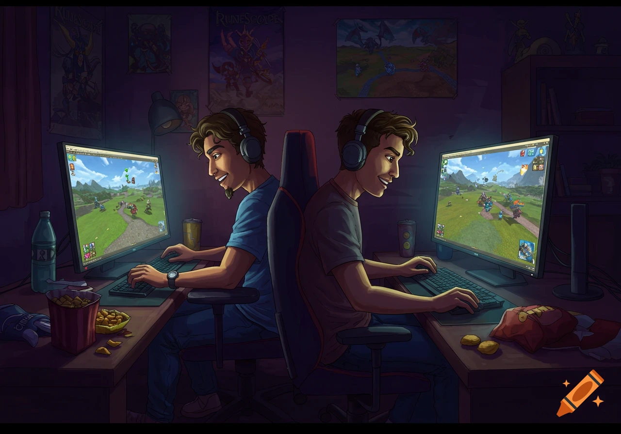 Two smiling men with headphones playing RuneScape on computers in a dimly lit room with gaming posters.