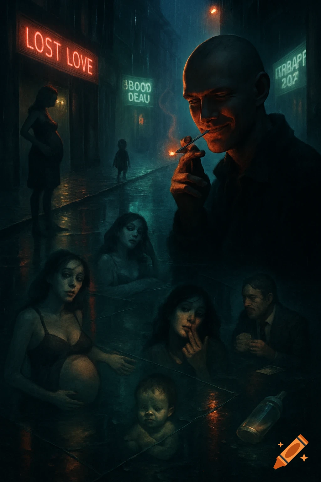 A bald man smoking in a rainy, neon-lit street at night. Reflections in puddles show a pregnant woman, other women, a baby, and a couple. Neon signs read 'LOST LOVE', 'BBOOD DEAU', and 'ITRBAPP 207'.