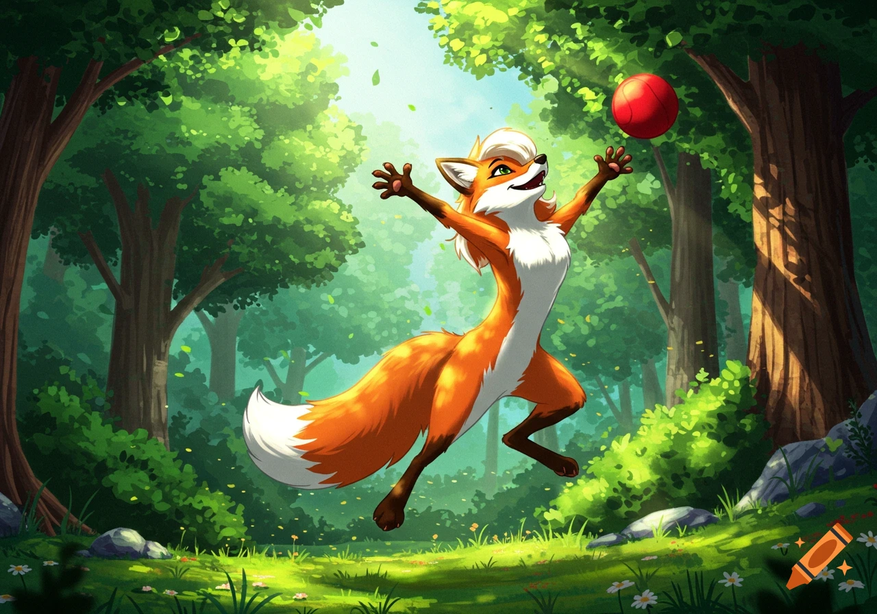 A happy cartoon fox with orange and white fur jumps to catch a red ball in a sunlit forest.