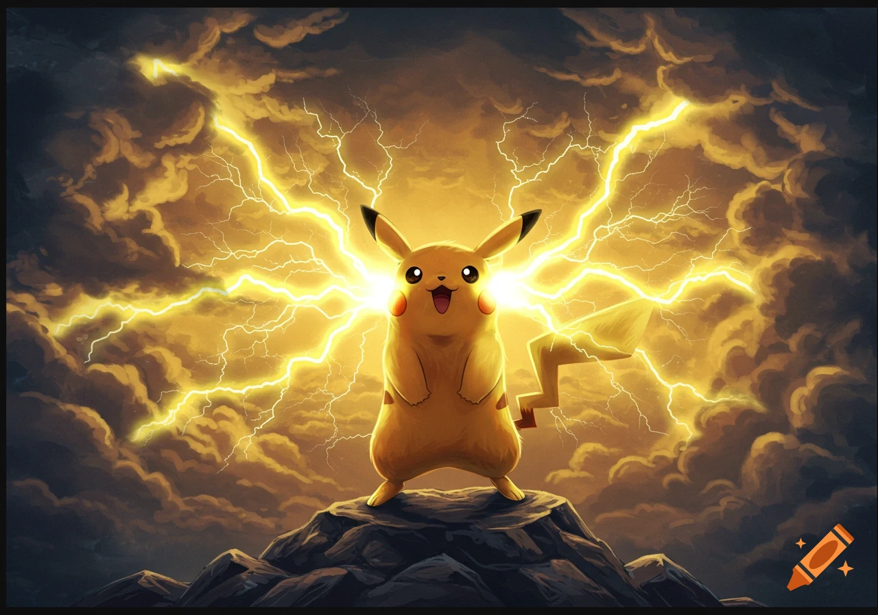 Pikachu stands on a rocky peak, emanating bright yellow lightning bolts into stormy, golden clouds.