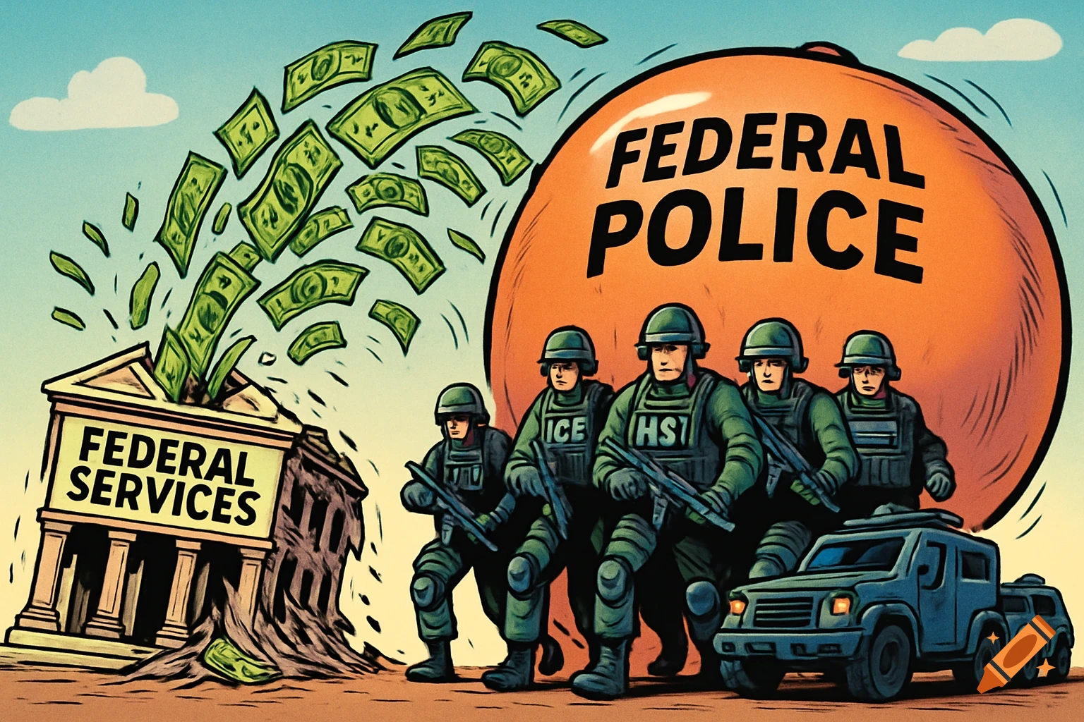 Comic drawing of a deflating 'Federal Services' building spilling money towards a bloated 'Federal Police' balloon with soldiers and vehicles.