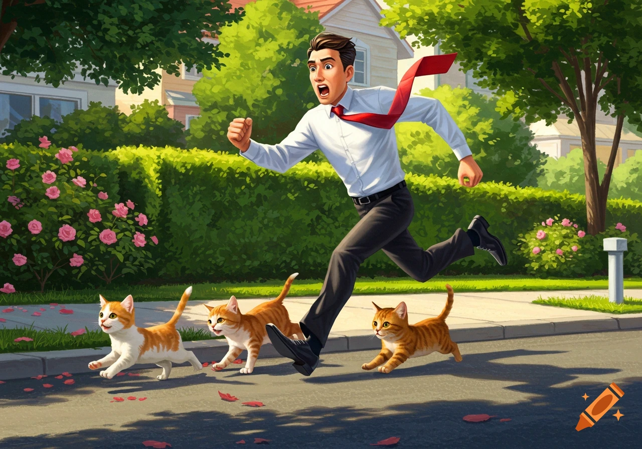 A cartoon man in a white shirt and red tie runs on a suburban street, pursued by three orange and white kittens.