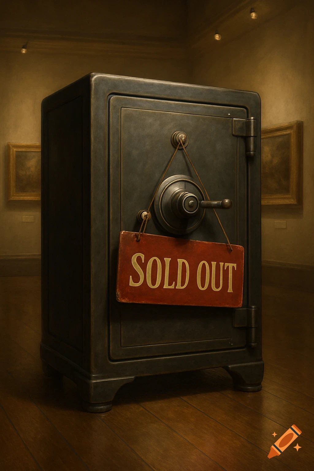 A photorealistic image of a vintage safe with a 'SOLD OUT' sign hanging on its front, set in a dimly lit museum.