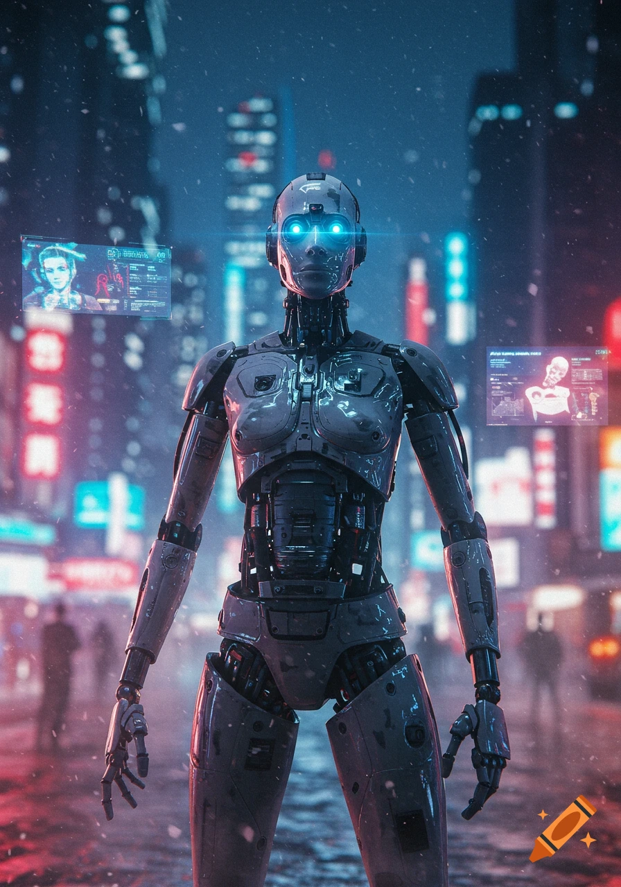 A detailed humanoid robot with glowing blue eyes stands in a rainy, neon-lit cyberpunk city, with holographic displays floating in the background. Photorealistic style.