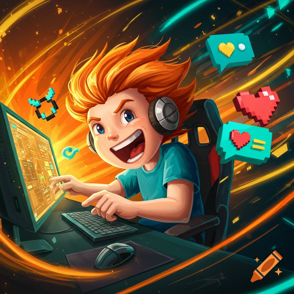 Cartoon boy with red hair and headphones intensely gaming on a computer, surrounded by pixel art elements and dynamic light trails.
