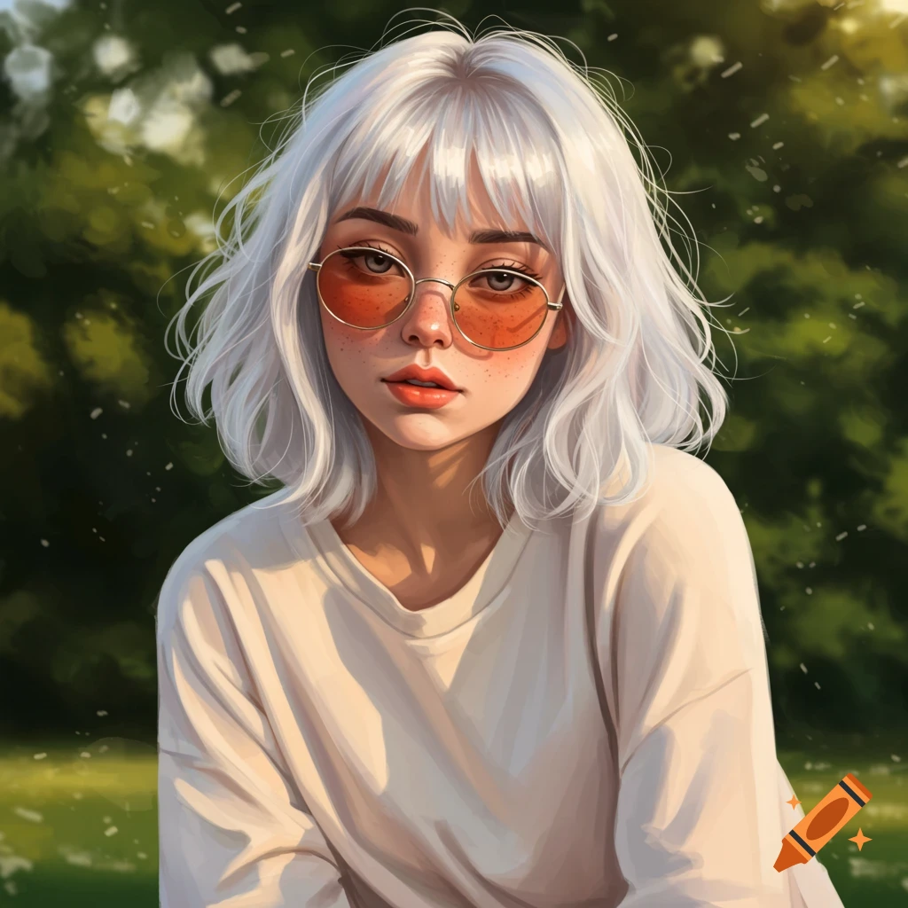 Illustrated portrait of a girl with white hair, bangs, orange-tinted round sunglasses, and freckles, against a green background.