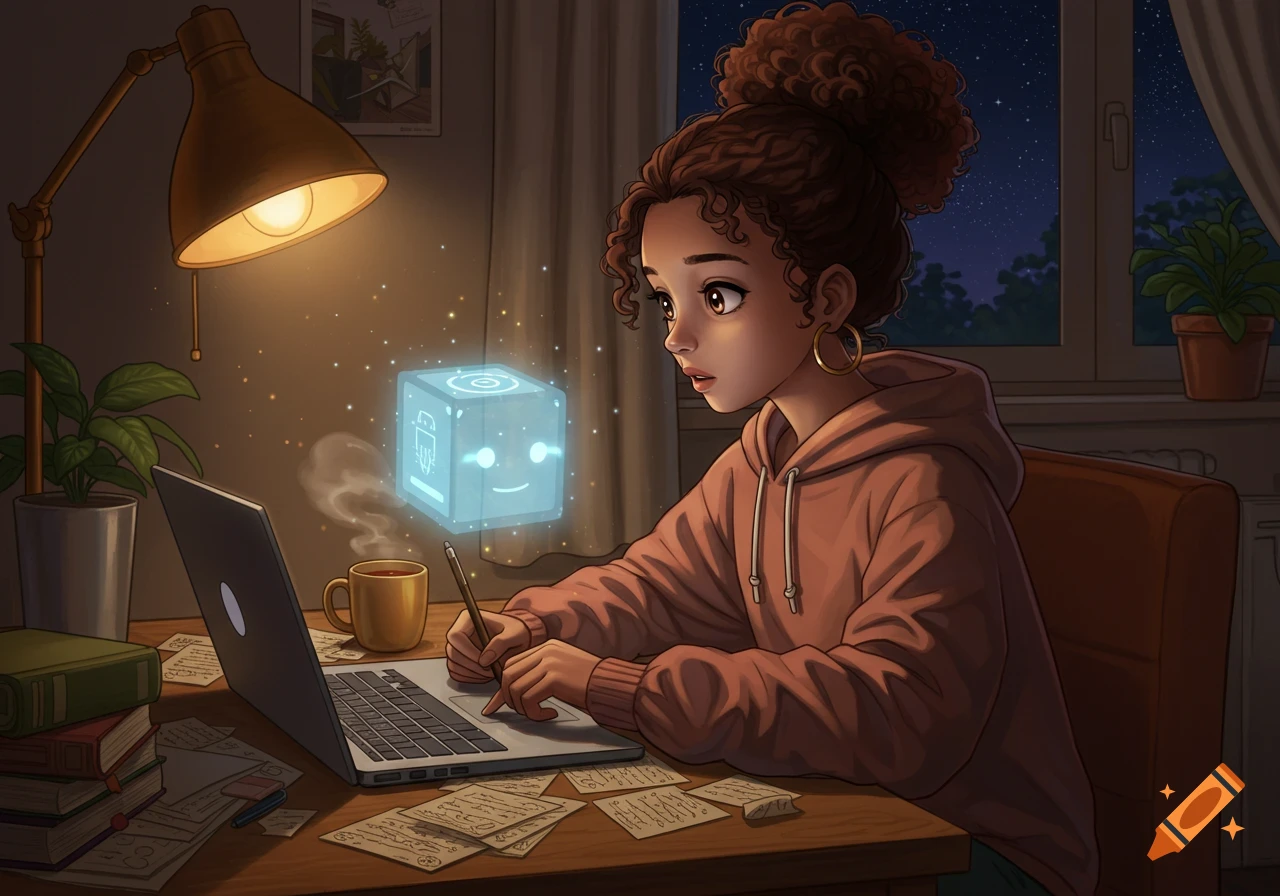 Anime girl studies at night with a glowing laptop, surrounded by notes, an AI hologram floating above her keyboard.