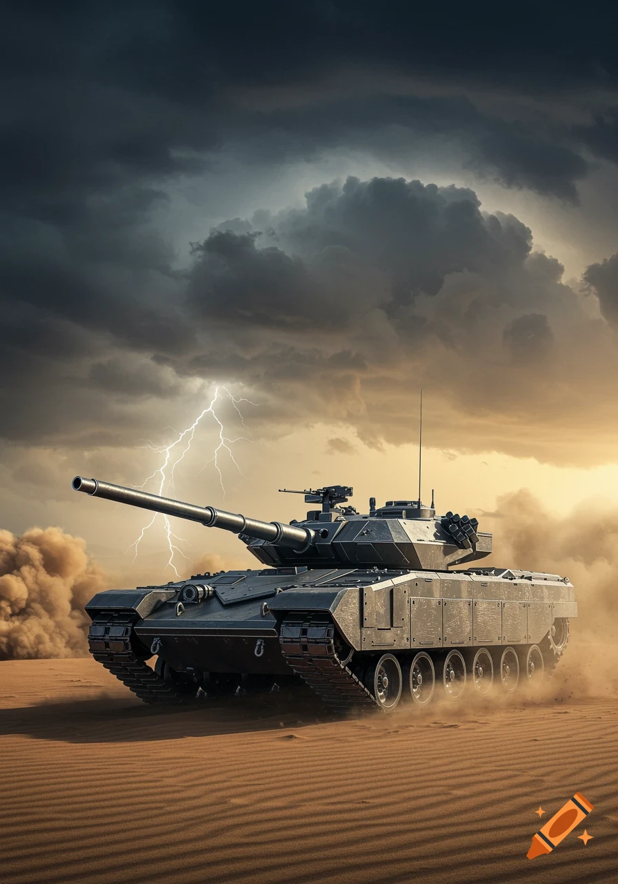 A photorealistic tank drives through a dusty desert under a stormy sky with lightning.