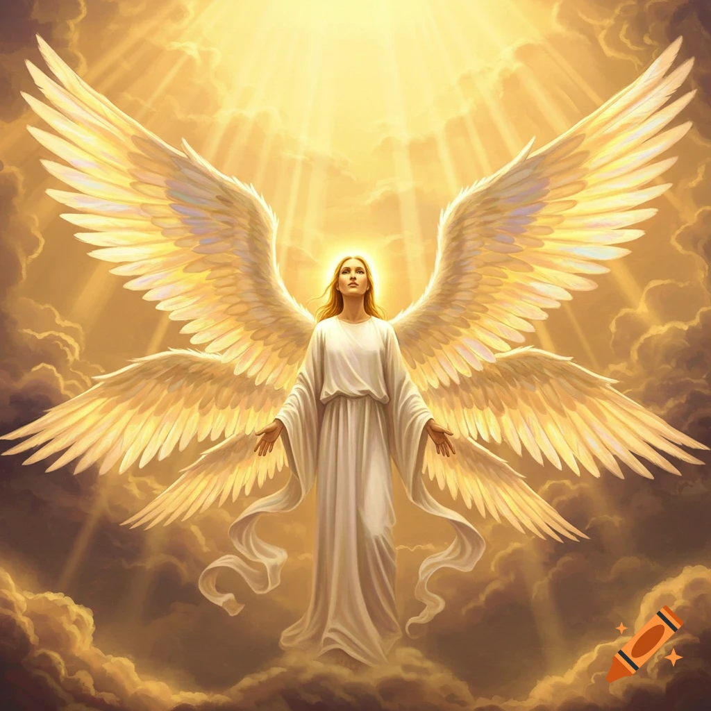 A radiant angel with large white wings stands among golden clouds and bright heavenly light, hands outstretched.