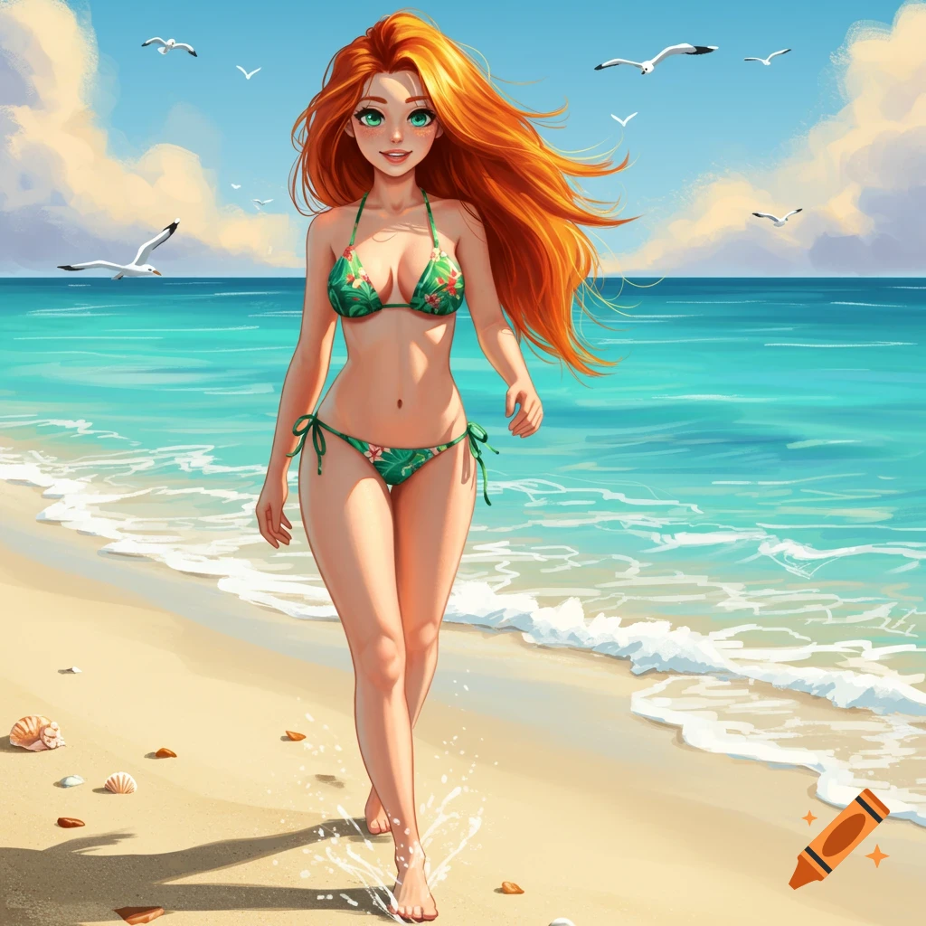 An anime girl with long red hair and green eyes walks on a sunny beach in a green floral bikini.