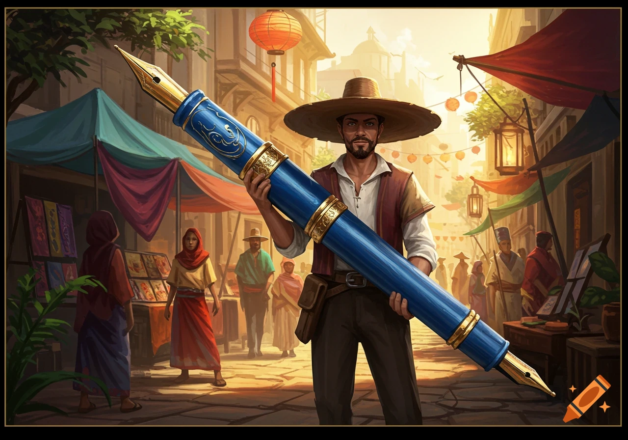 A man with a wide-brimmed hat holds a giant blue and gold fountain pen in a bustling, sunny market square, in an illustrative style.