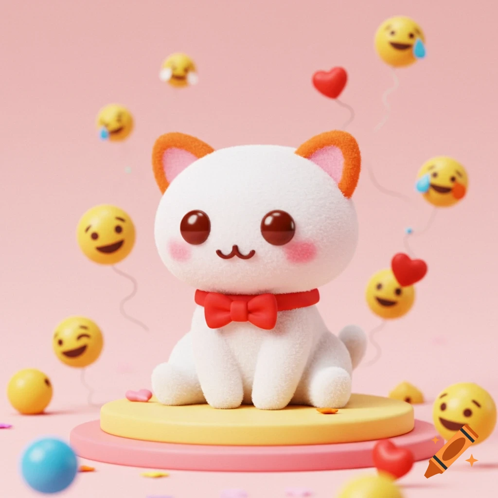 A cute 3D render of a white fluffy cat with a red bow tie, sitting on a platform, surrounded by floating emojis and hearts on a pink background.