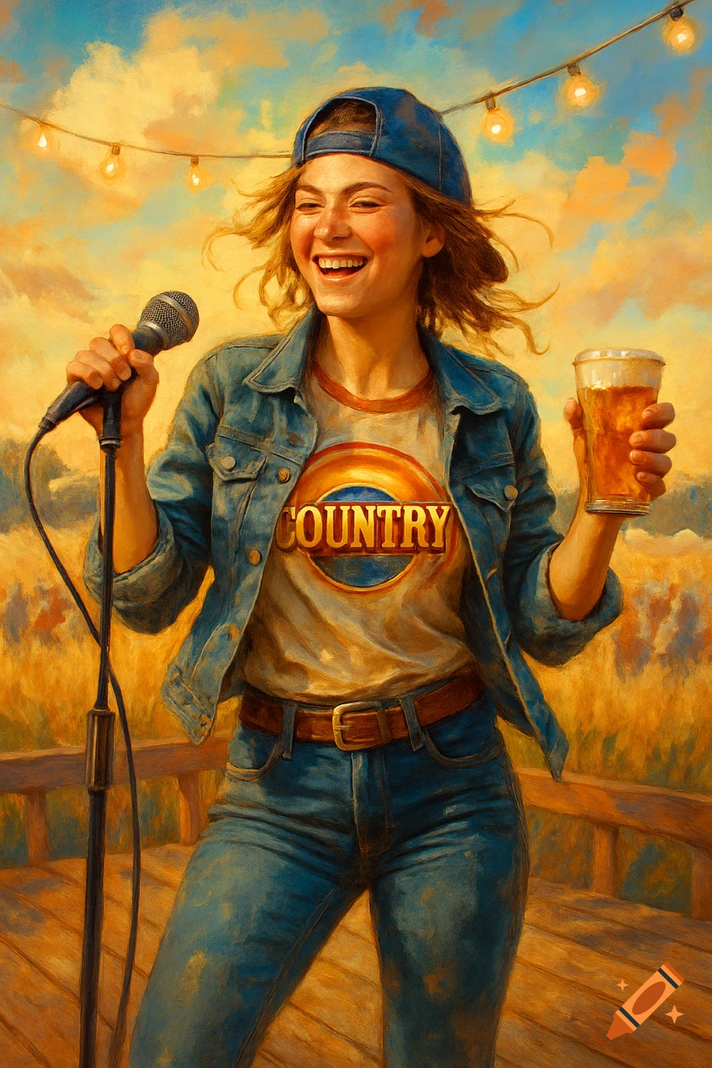 A smiling country girl in a jean jacket and cap sings into a microphone, holding a beer, painted in an impressionistic style.