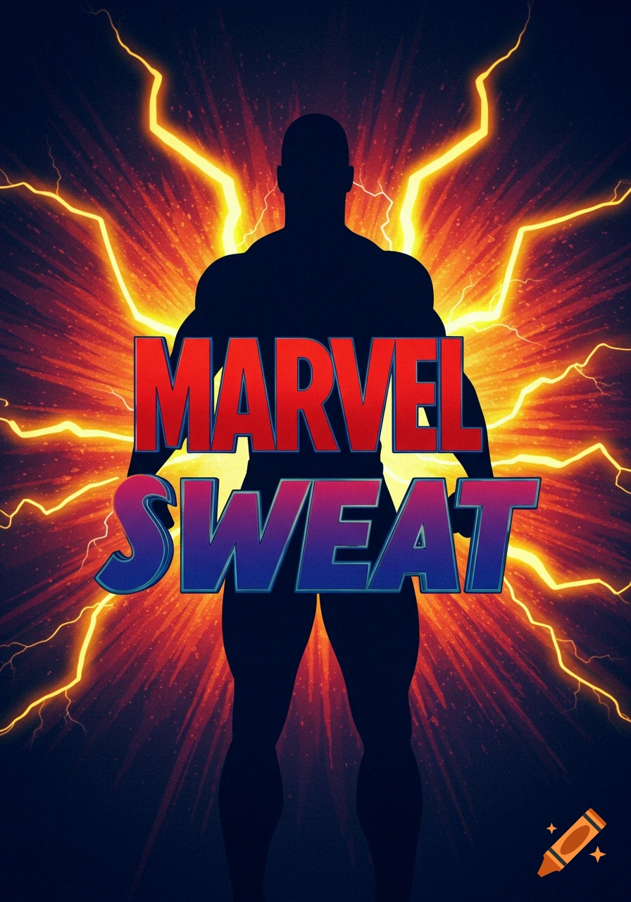 A dark silhouette of a muscular person against a fiery orange and red background with yellow lightning bolts, featuring the words 'MARVEL SWEAT' in prominent red and blue letters.