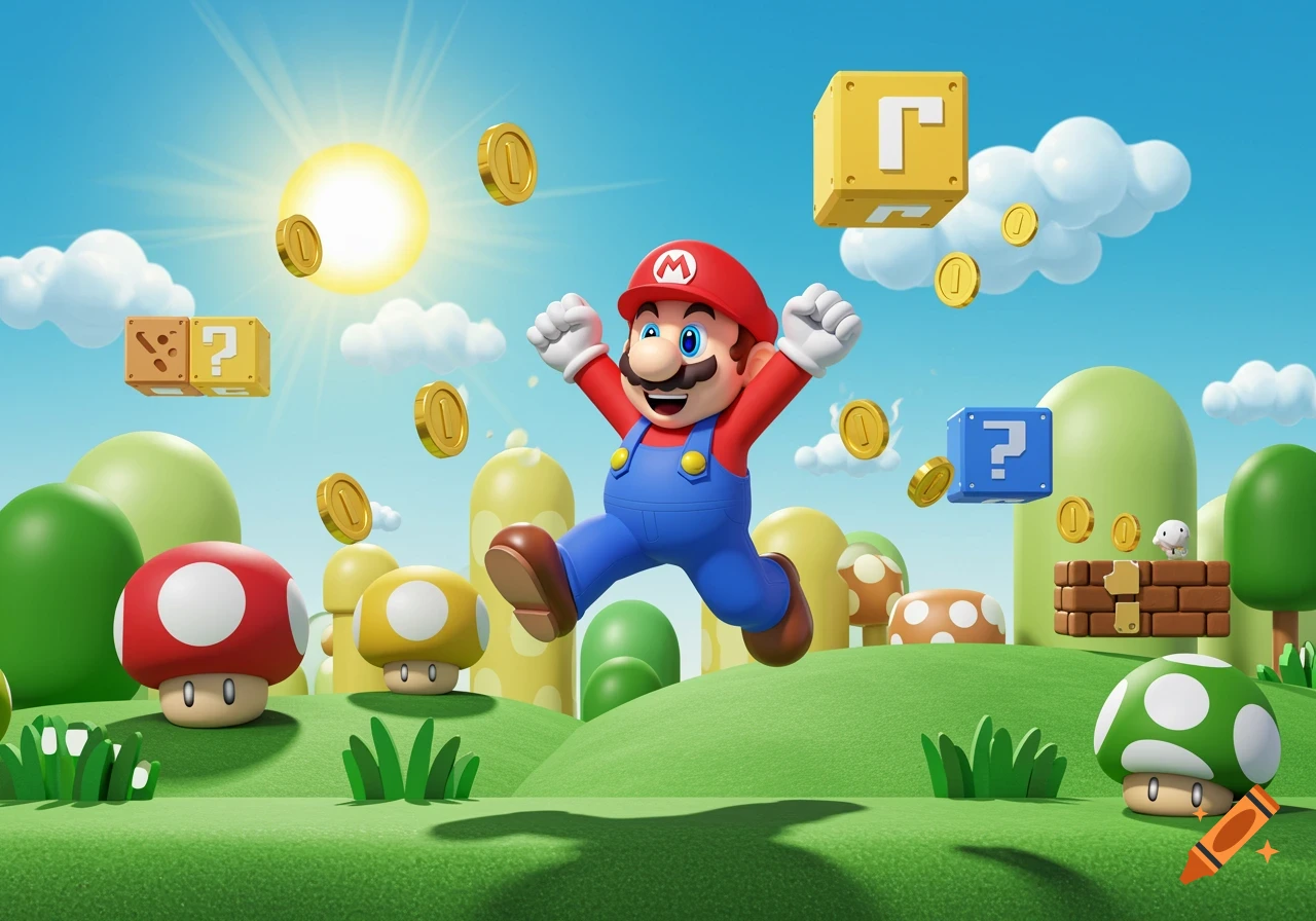 Super Mario jumps jubilantly in a vibrant 3D cartoon landscape with coins, mushrooms, and power-up blocks.