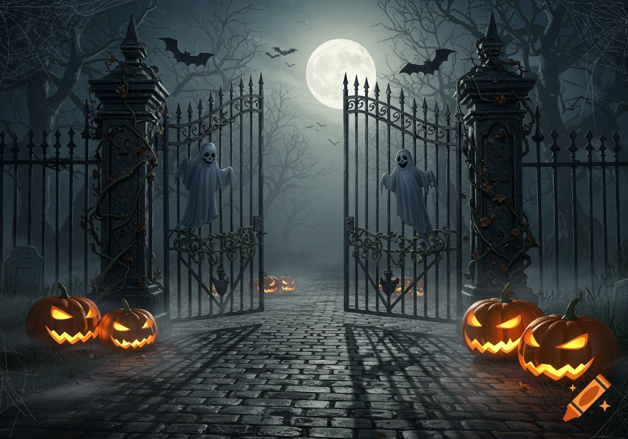 A spooky Halloween scene featuring open wrought-iron gates, two floating ghosts, glowing jack-o'-lanterns, bats flying under a full moon, and a misty graveyard path at night.