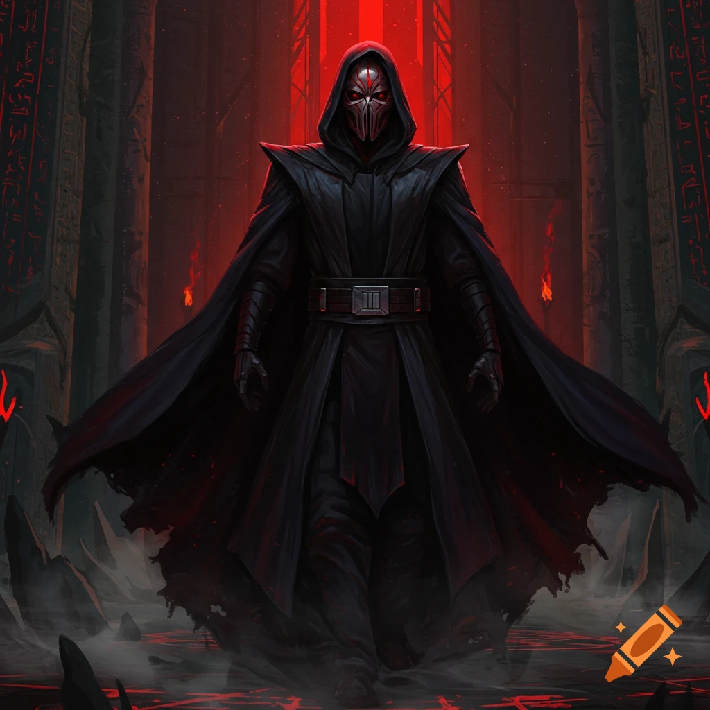 A menacing figure in a black cloak and skull mask with glowing red eyes stands in a dark, red-lit ancient temple with mysterious glyphs.