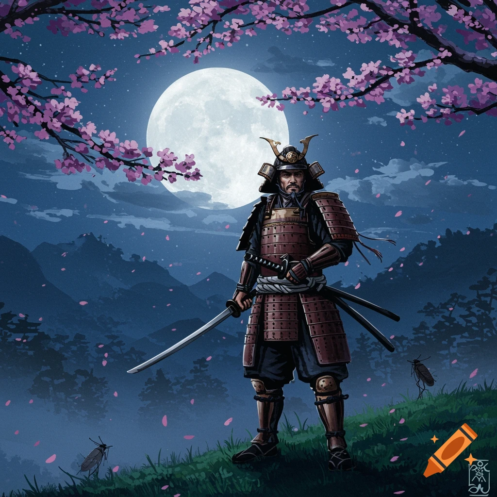 A samurai warrior stands under a full moon with pink cherry blossoms and falling petals, in a moonlit mountain landscape.