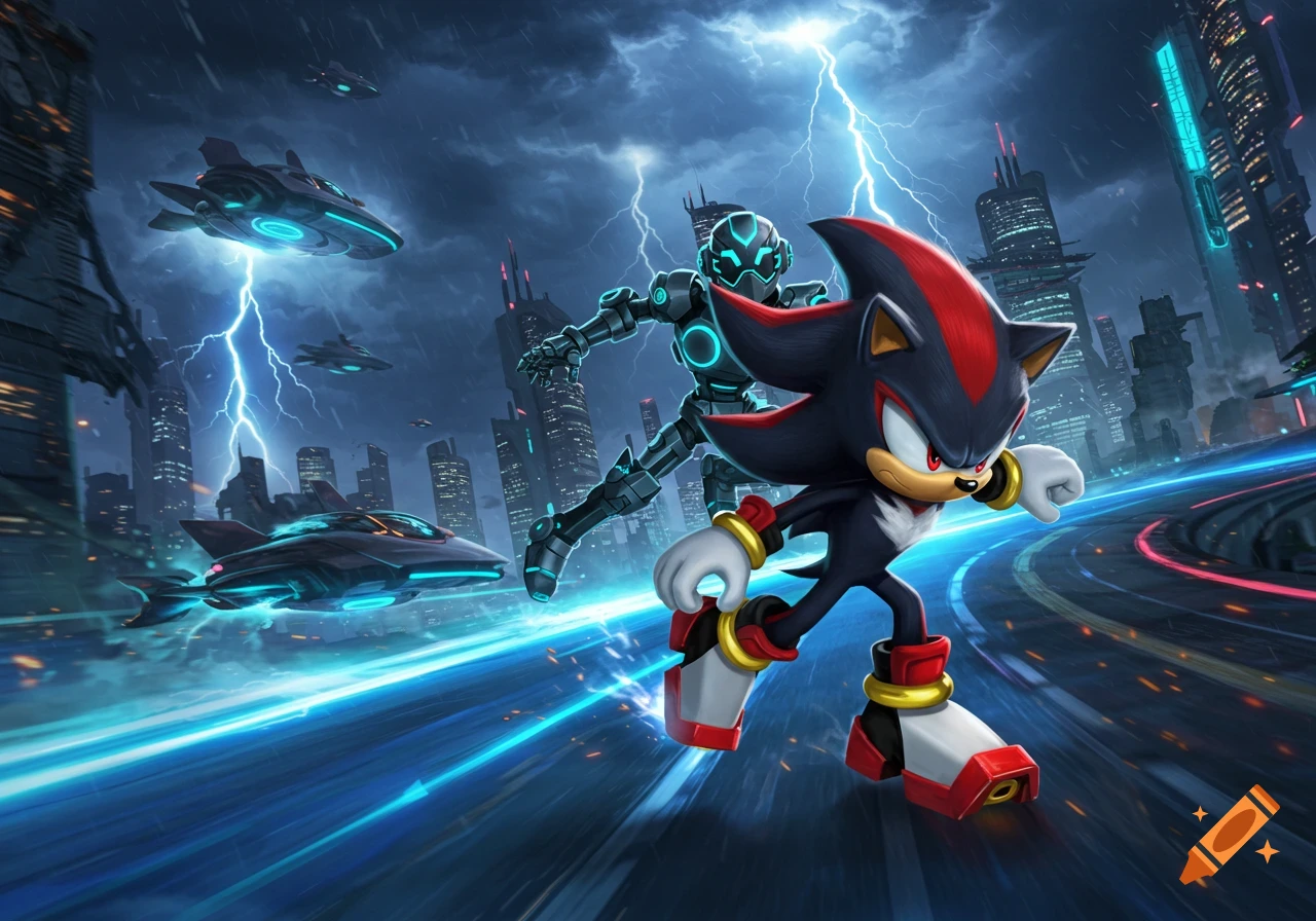 Shadow the Hedgehog and a robot speed through a futuristic city with neon lights and lightning.