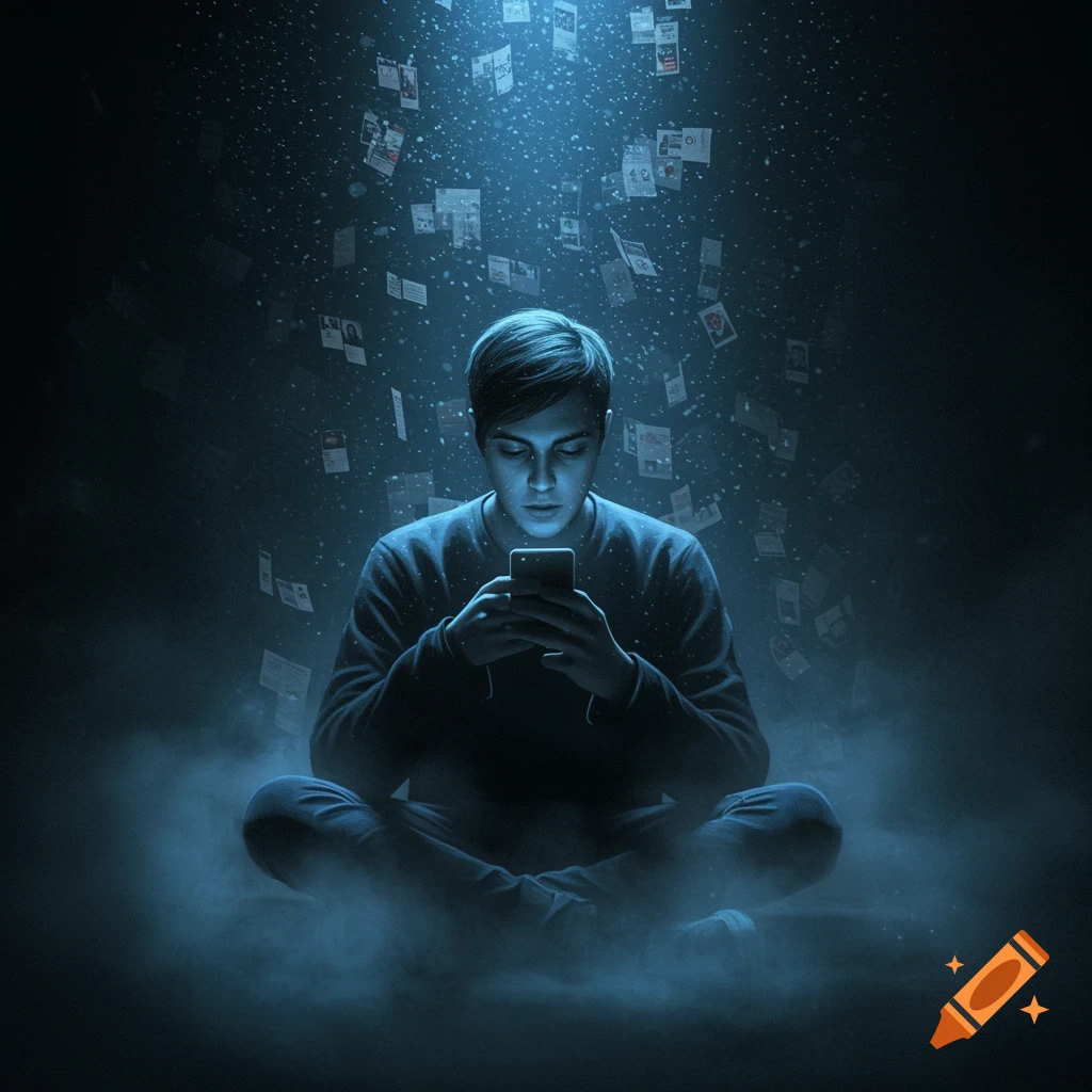 A person sits cross-legged in a dark, blue-lit space, intently looking at a smartphone, while information cards fall around them.
