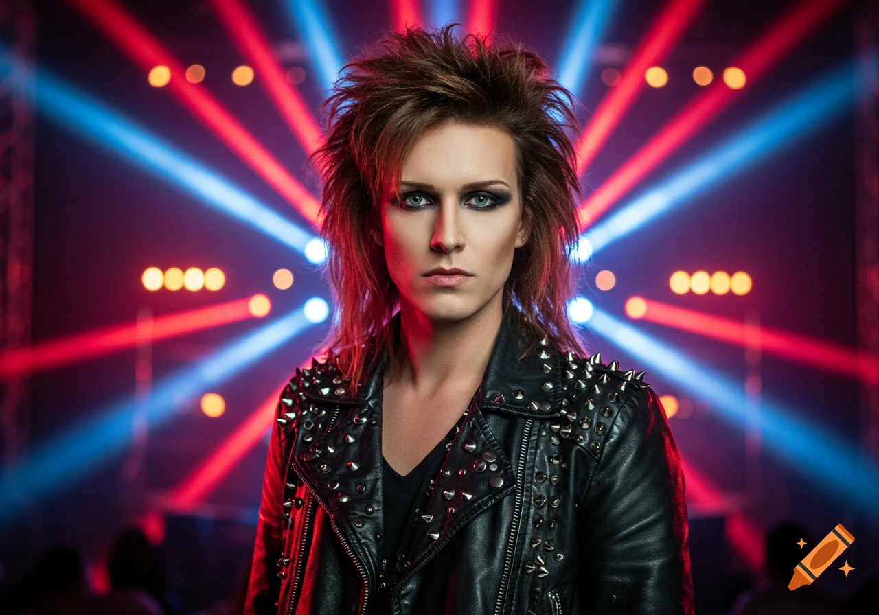 A person with a mullet and dark eye makeup wearing a studded leather jacket, illuminated by red and blue concert stage lights.