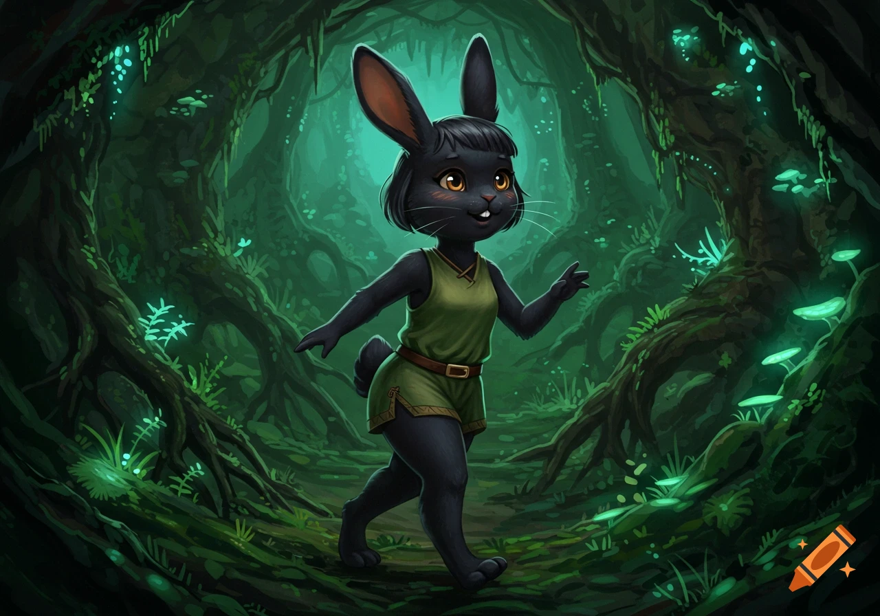 A cute black anthropomorphic rabbit with short hair and a green outfit walks through a dark fantasy forest with glowing foliage.