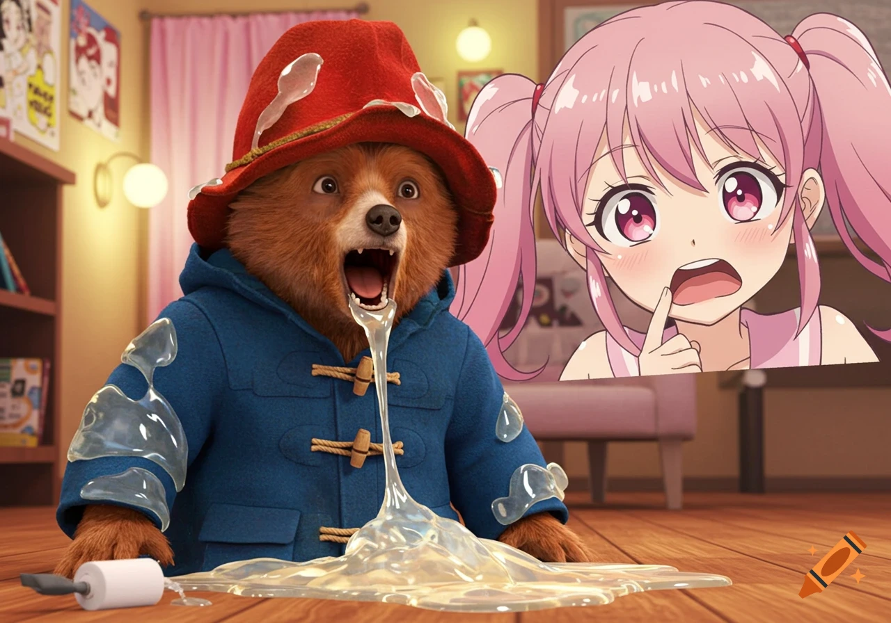 Paddington Bear, covered in clear slime, screams with wide eyes as a pink-haired anime girl with pigtails watches him, appearing confused.