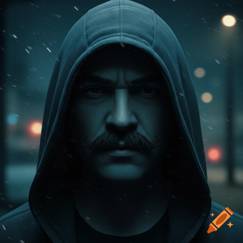 Close-up portrait of a stern man in a dark hoodie with a prominent mustache, snow falling with blurred city lights in the background.