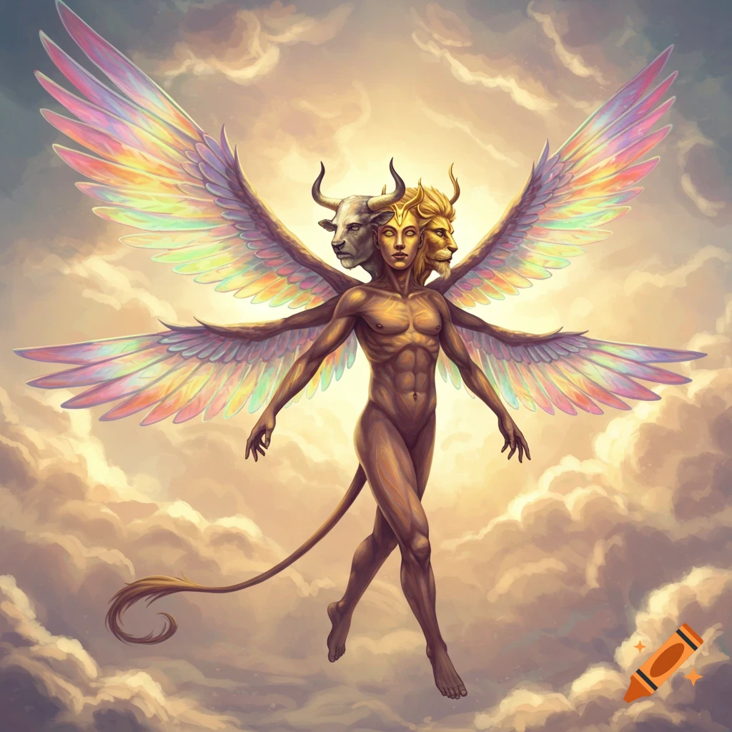 A winged humanoid creature with a human face, an ox face, and a lion face, floating in the clouds with rainbow-colored wings, in a fantasy art style.